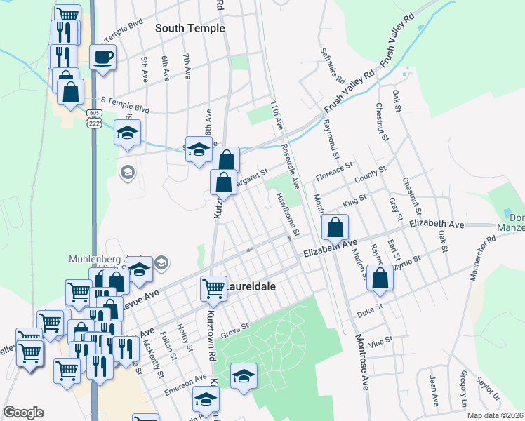 map of restaurants, bars, coffee shops, grocery stores, and more near 3606 Hawthorne Street in Reading