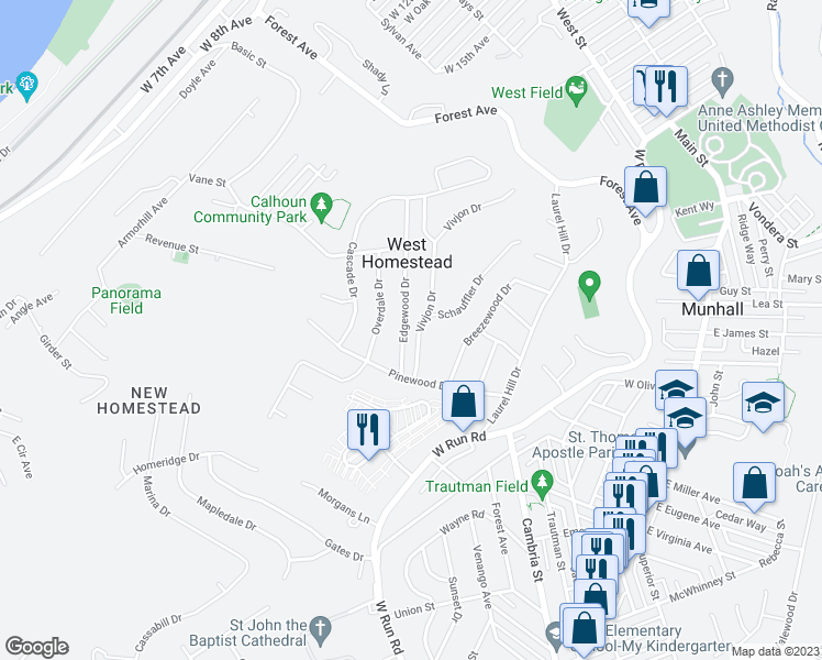 map of restaurants, bars, coffee shops, grocery stores, and more near 1320 Edgewood Drive in West Homestead