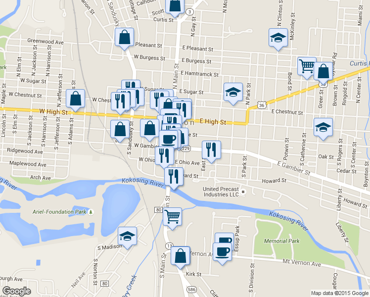 map of restaurants, bars, coffee shops, grocery stores, and more near South Gay Street in Mount Vernon