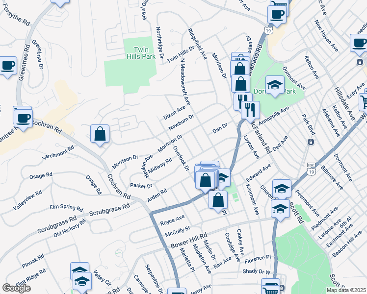 map of restaurants, bars, coffee shops, grocery stores, and more near 530 Lyndhurst Avenue in Pittsburgh
