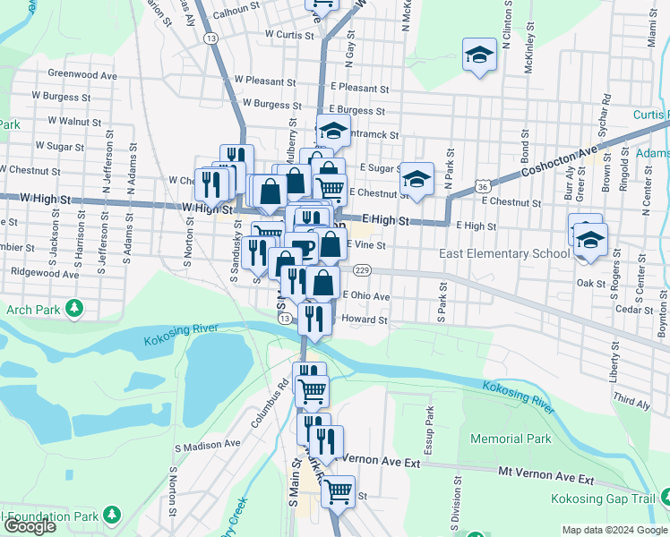 map of restaurants, bars, coffee shops, grocery stores, and more near South Gay Street in Mount Vernon