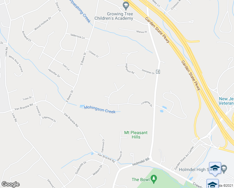 map of restaurants, bars, coffee shops, grocery stores, and more near 24 Longview Drive in Holmdel