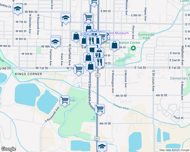 map of restaurants, bars, coffee shops, grocery stores, and more near 137 South Lincoln Avenue in Loveland