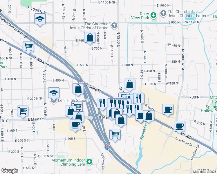 map of restaurants, bars, coffee shops, grocery stores, and more near 314 1110 East in Lehi