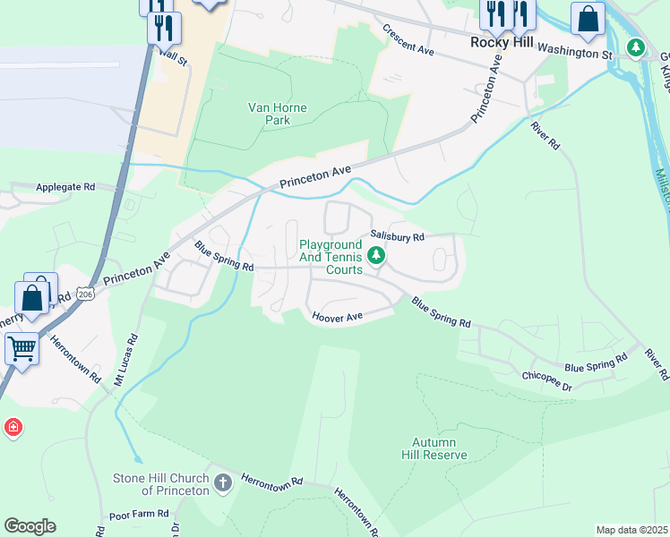 map of restaurants, bars, coffee shops, grocery stores, and more near 84 Castleton Road in Princeton