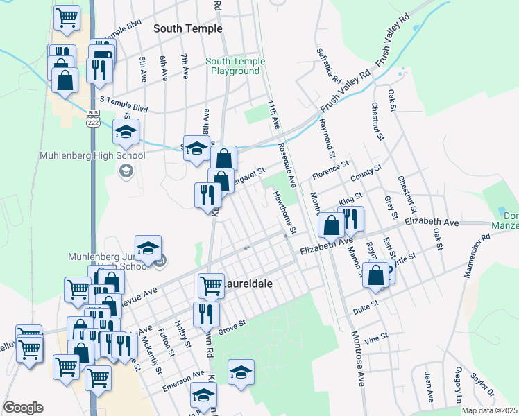 map of restaurants, bars, coffee shops, grocery stores, and more near 3606 Hawthorne Street in Reading
