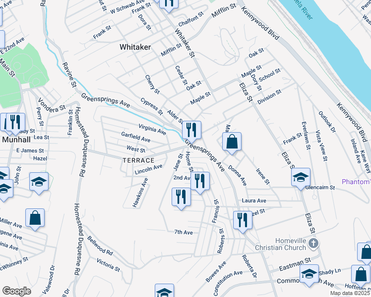 map of restaurants, bars, coffee shops, grocery stores, and more near 3608 Greensprings Avenue in West Mifflin