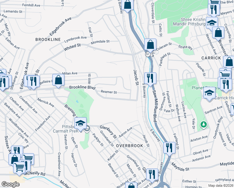 map of restaurants, bars, coffee shops, grocery stores, and more near 1561 Reamer Street in Pittsburgh