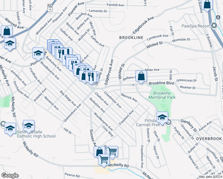 map of restaurants, bars, coffee shops, grocery stores, and more near 1132 Brookline Boulevard in Pittsburgh
