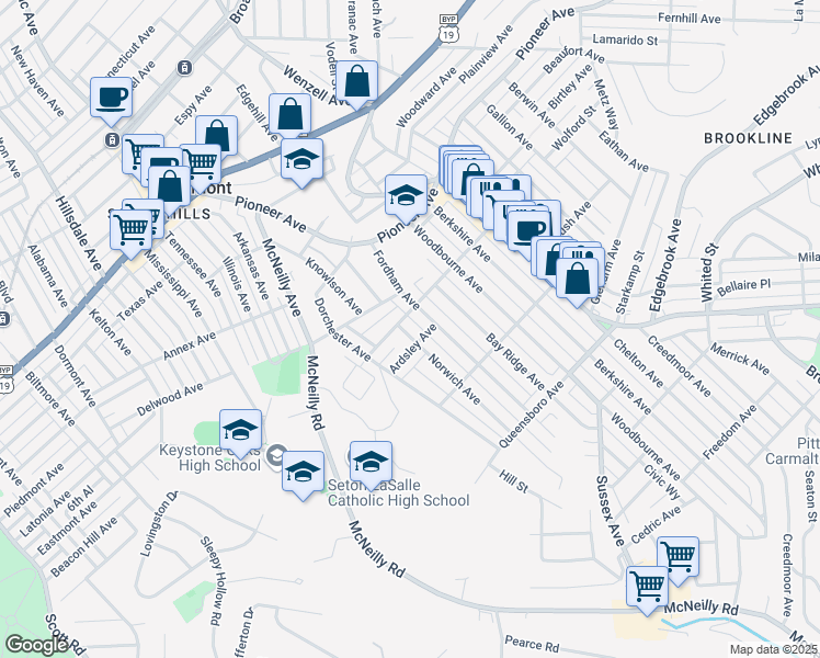 map of restaurants, bars, coffee shops, grocery stores, and more near 701 Norwich Avenue in Pittsburgh