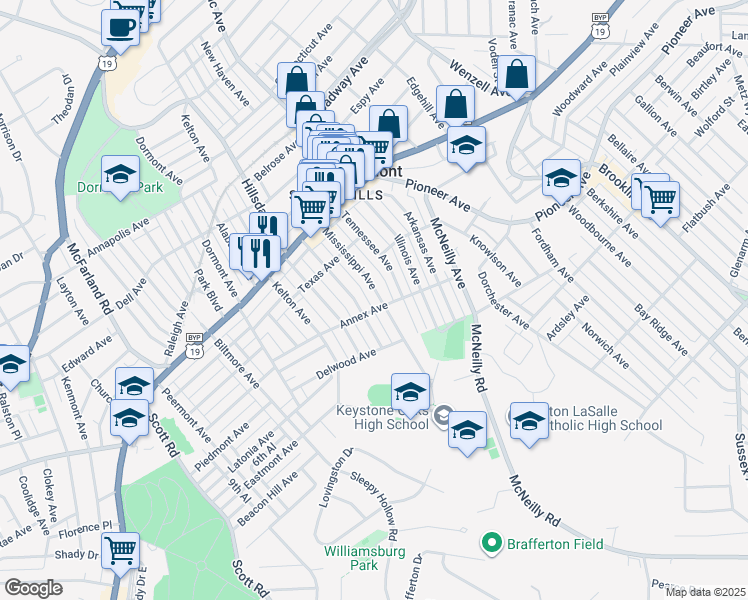 map of restaurants, bars, coffee shops, grocery stores, and more near 1220 Mississippi Avenue in Pittsburgh