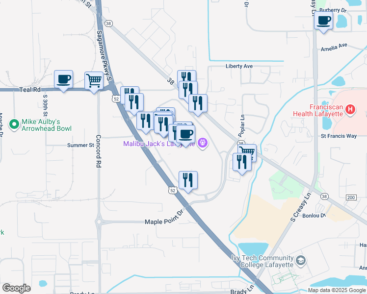 map of restaurants, bars, coffee shops, grocery stores, and more near 2415 Sagamore Parkway South in Lafayette