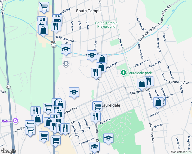 map of restaurants, bars, coffee shops, grocery stores, and more near 3630 Kutztown Road in Laureldale