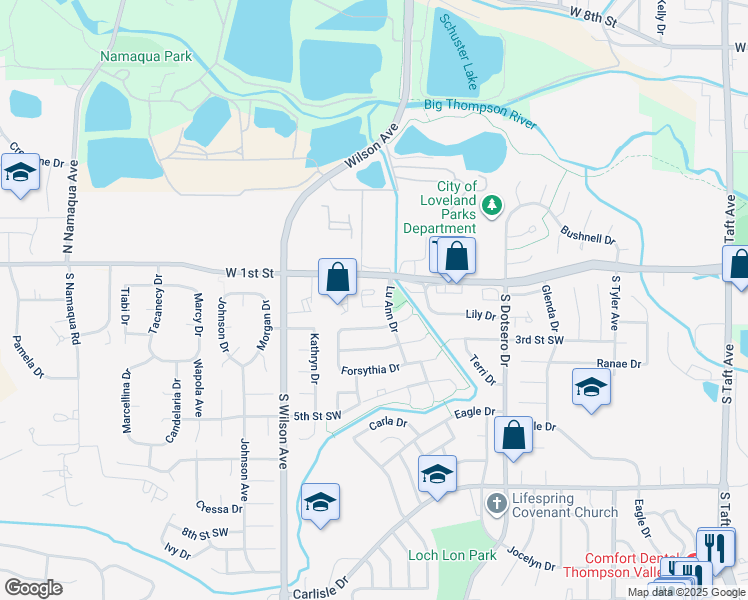 map of restaurants, bars, coffee shops, grocery stores, and more near 2585 Begonia Court in Loveland