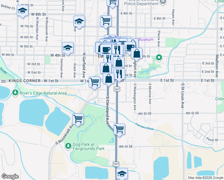 map of restaurants, bars, coffee shops, grocery stores, and more near 161 South Lincoln Avenue in Loveland