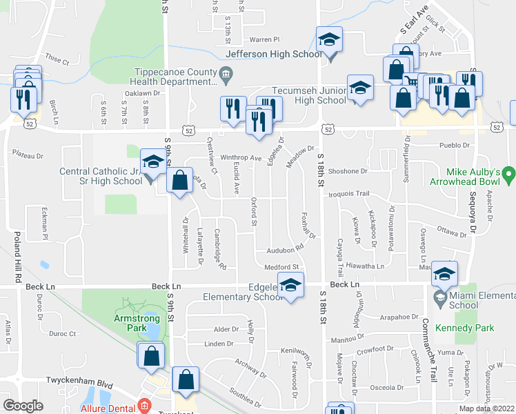 map of restaurants, bars, coffee shops, grocery stores, and more near 2509 Oxford Street in Lafayette