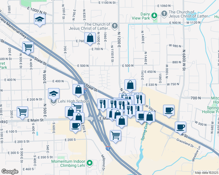 map of restaurants, bars, coffee shops, grocery stores, and more near 314 1110 East in Lehi