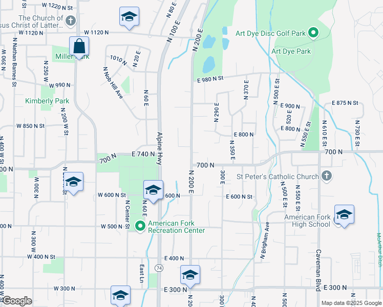 map of restaurants, bars, coffee shops, grocery stores, and more near 760 North 200 East in American Fork