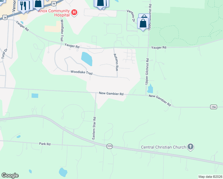 map of restaurants, bars, coffee shops, grocery stores, and more near 1575 New Gambier Road in Mount Vernon