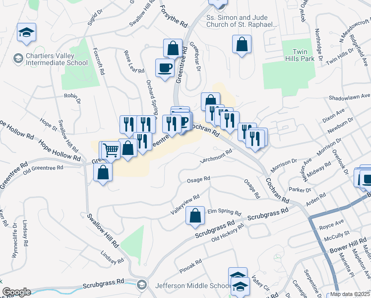 map of restaurants, bars, coffee shops, grocery stores, and more near 716 Pinetree Road in Pittsburgh