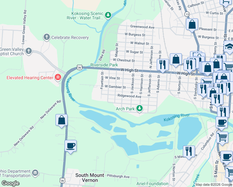 map of restaurants, bars, coffee shops, grocery stores, and more near 407 Ridgewood Avenue in Mount Vernon