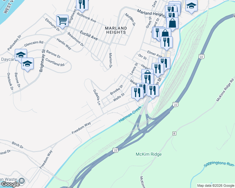 map of restaurants, bars, coffee shops, grocery stores, and more near 4215 Wells Street in Weirton
