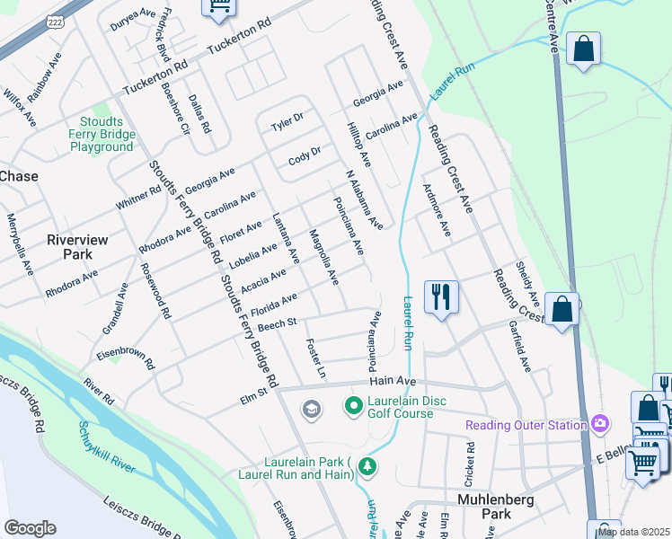 map of restaurants, bars, coffee shops, grocery stores, and more near 3501 Magnolia Avenue in Reading
