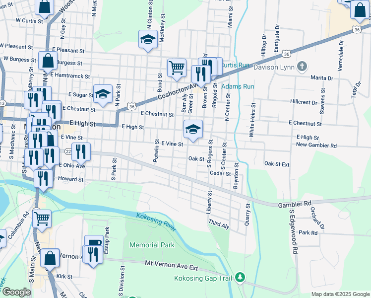 map of restaurants, bars, coffee shops, grocery stores, and more near 708 East Vine Street in Mount Vernon