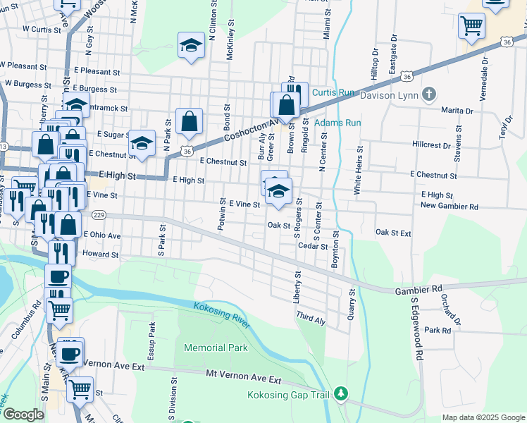 map of restaurants, bars, coffee shops, grocery stores, and more near 708 East Vine Street in Mount Vernon