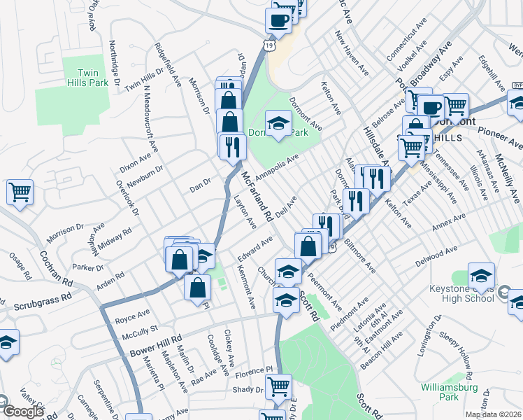 map of restaurants, bars, coffee shops, grocery stores, and more near 1517 McFarland Road in Pittsburgh