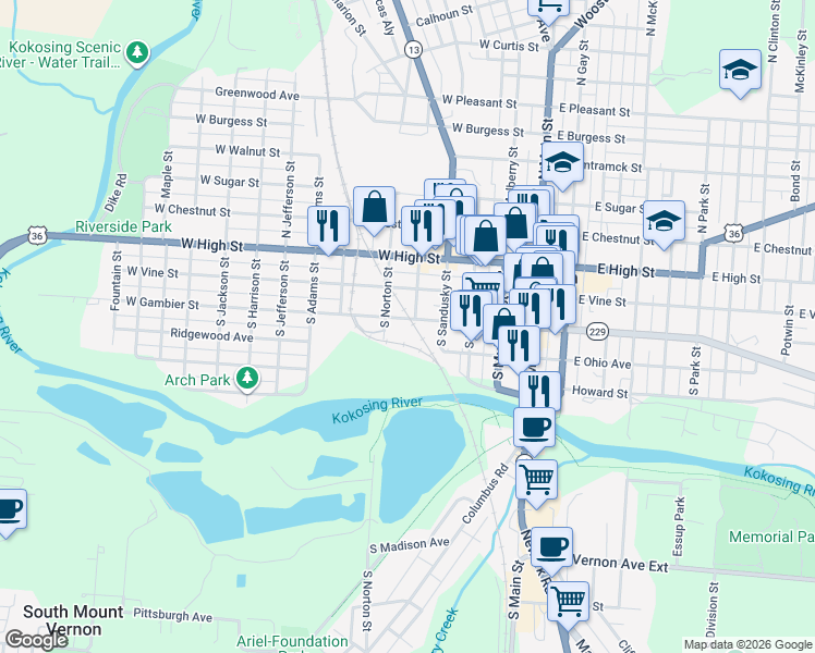 map of restaurants, bars, coffee shops, grocery stores, and more near 406 West Gambier Street in Mount Vernon