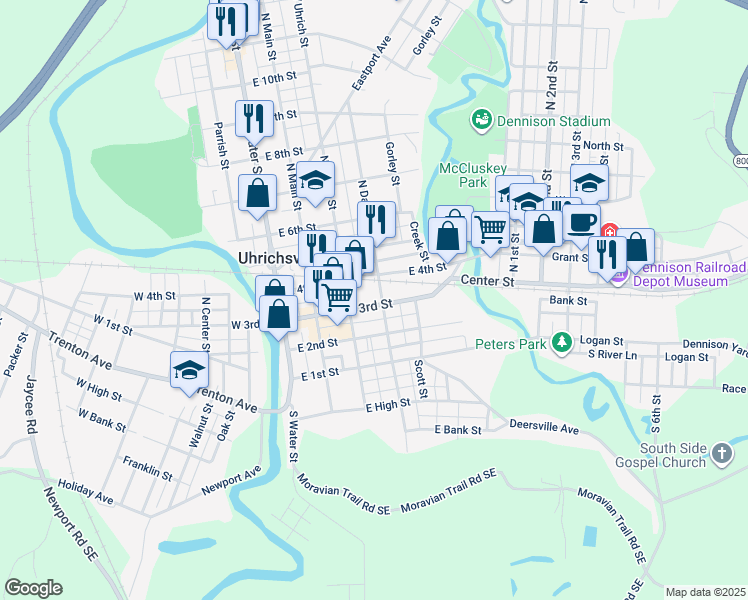 map of restaurants, bars, coffee shops, grocery stores, and more near 403 East 3rd Street in Uhrichsville