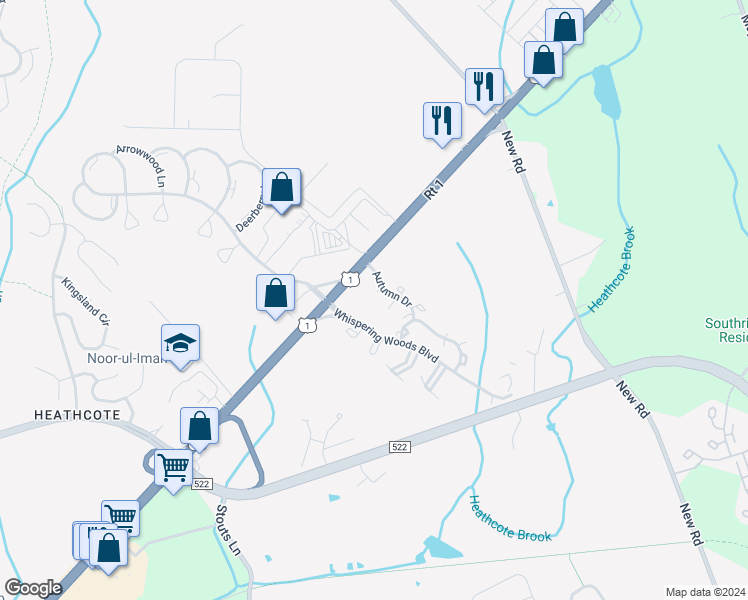 map of restaurants, bars, coffee shops, grocery stores, and more near 1514 Mahogany Court in South Brunswick Township