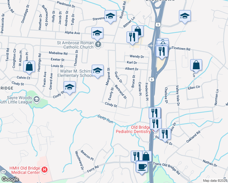 map of restaurants, bars, coffee shops, grocery stores, and more near 17 Bertrand Street in Old Bridge