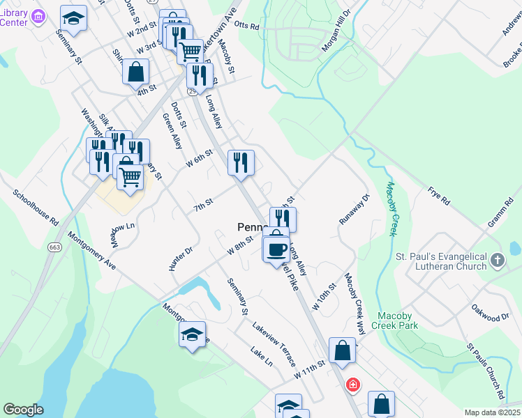 map of restaurants, bars, coffee shops, grocery stores, and more near 752 Main Street in Pennsburg