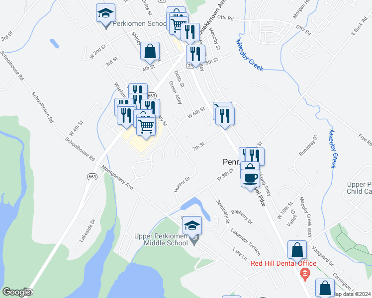 map of restaurants, bars, coffee shops, grocery stores, and more near 684 Seminary Street in Pennsburg