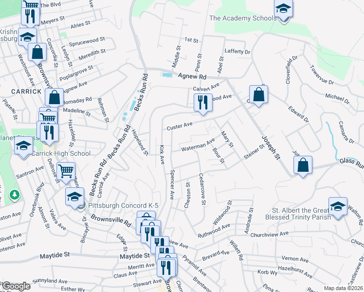 map of restaurants, bars, coffee shops, grocery stores, and more near 2721 Waterman Avenue in Pittsburgh