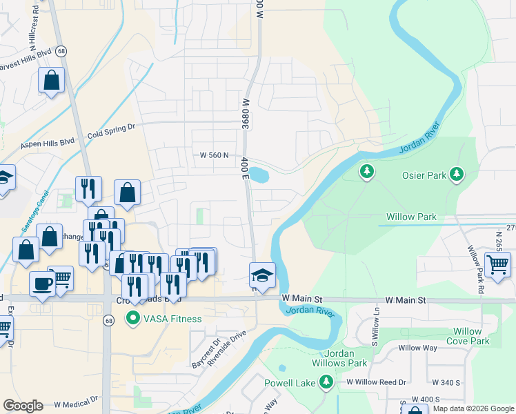 map of restaurants, bars, coffee shops, grocery stores, and more near 3644 Cornfield Drive in Lehi