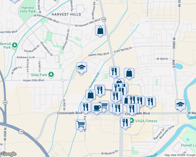 map of restaurants, bars, coffee shops, grocery stores, and more near 1645 North Blackhawk Drive in Saratoga Springs
