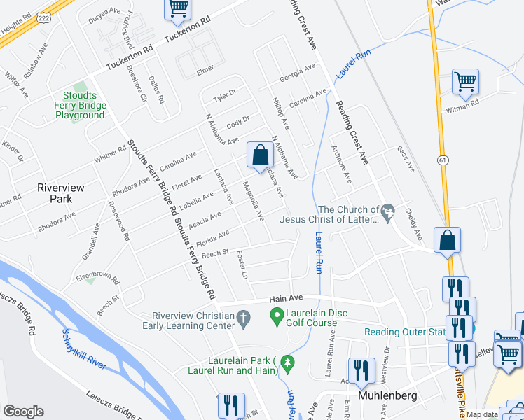 map of restaurants, bars, coffee shops, grocery stores, and more near 3501 Magnolia Avenue in Reading