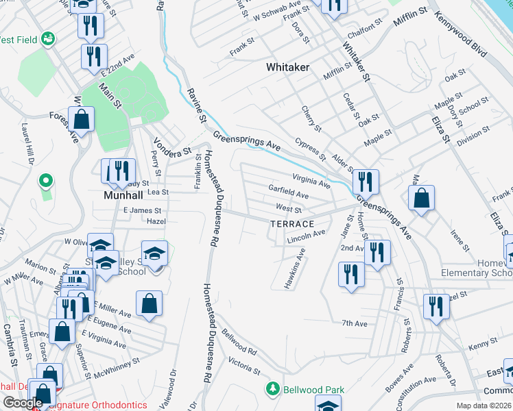 map of restaurants, bars, coffee shops, grocery stores, and more near 3119 West Street in West Mifflin