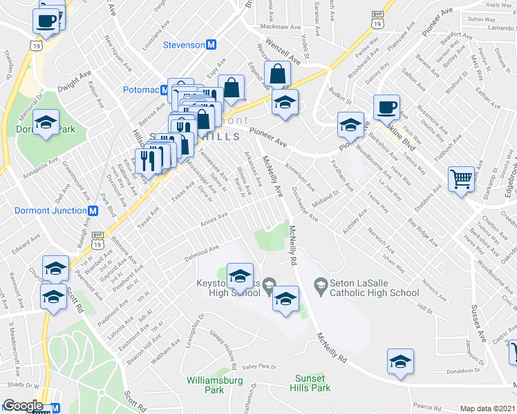 map of restaurants, bars, coffee shops, grocery stores, and more near 1201 Illinois Avenue in Pittsburgh