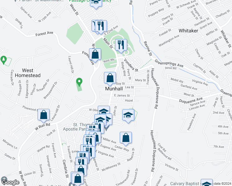 map of restaurants, bars, coffee shops, grocery stores, and more near in Munhall