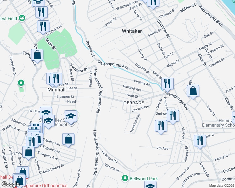 map of restaurants, bars, coffee shops, grocery stores, and more near 3119 West Street in West Mifflin