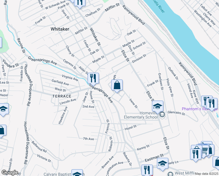 map of restaurants, bars, coffee shops, grocery stores, and more near 3810 Clark Street in West Mifflin