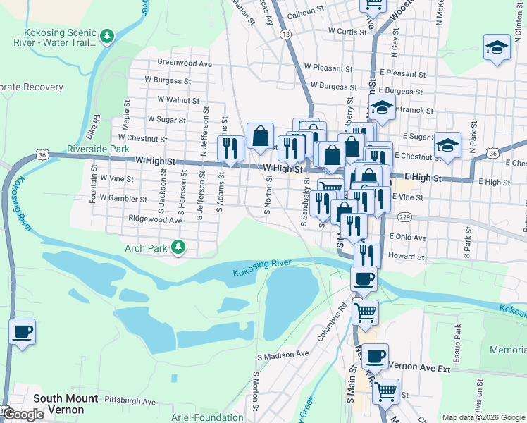 map of restaurants, bars, coffee shops, grocery stores, and more near 502 West Gambier Street in Mount Vernon