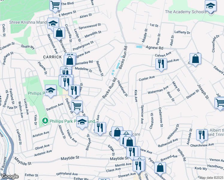 map of restaurants, bars, coffee shops, grocery stores, and more near 311 Carrick Avenue in Pittsburgh
