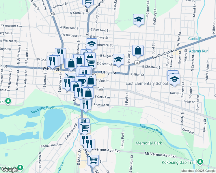 map of restaurants, bars, coffee shops, grocery stores, and more near 121 East Gambier Street in Mount Vernon