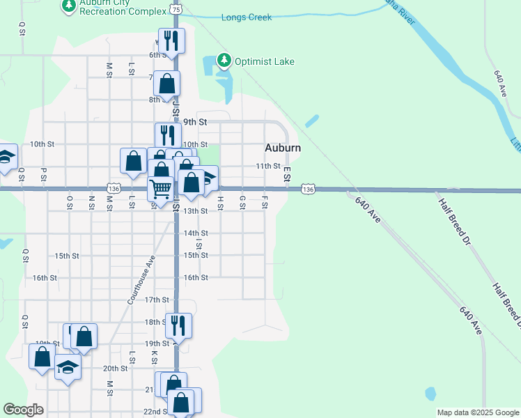 map of restaurants, bars, coffee shops, grocery stores, and more near 600 13th Street in Auburn