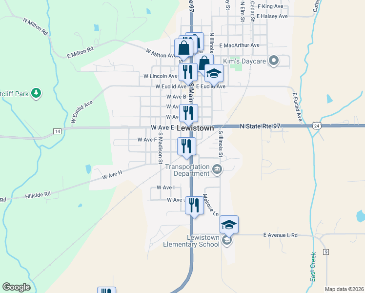map of restaurants, bars, coffee shops, grocery stores, and more near 711 South Adams Street in Lewistown